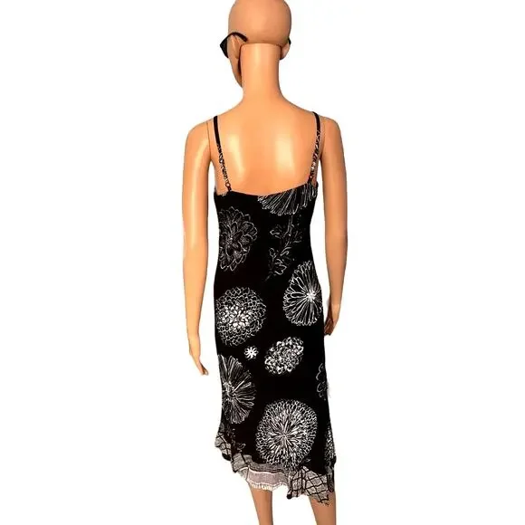 Vintage Jams World Asymmetric Dress Womens XS Black Floral Spaghetti Strap Midi - Picture 2 of 11